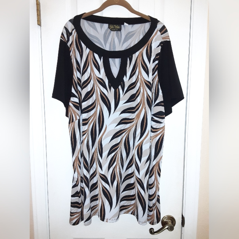 3x Bob Mackie Wearable Art Palm Printed High-Low Hem Top in Brown/ Tan